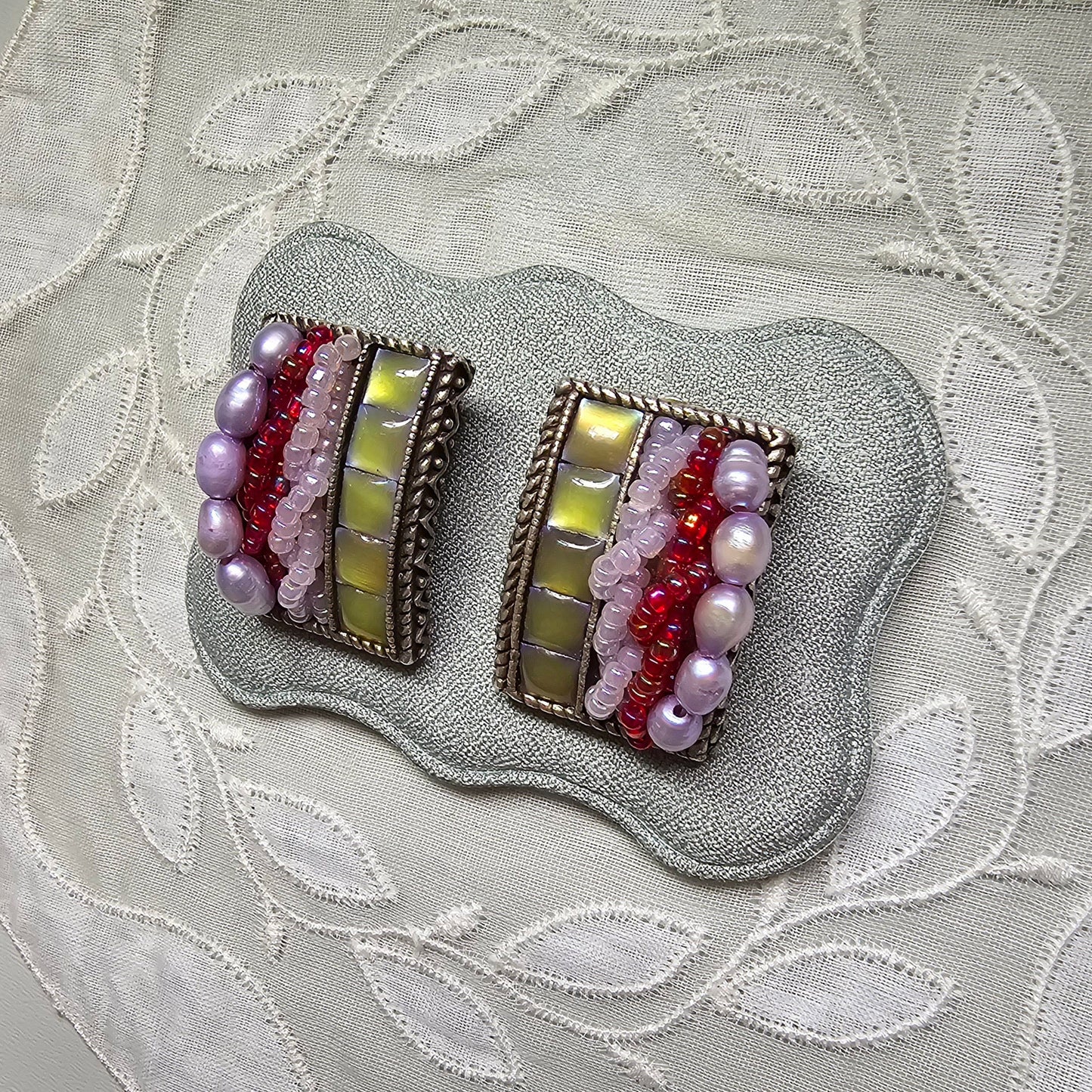 Clip on - Multicolour Iridescent Beads and Pearls Clip On Earrings