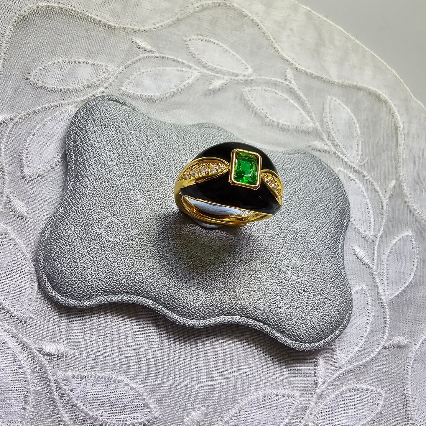 Ring - Green Crystal and Black Enamel Adjustable Ring