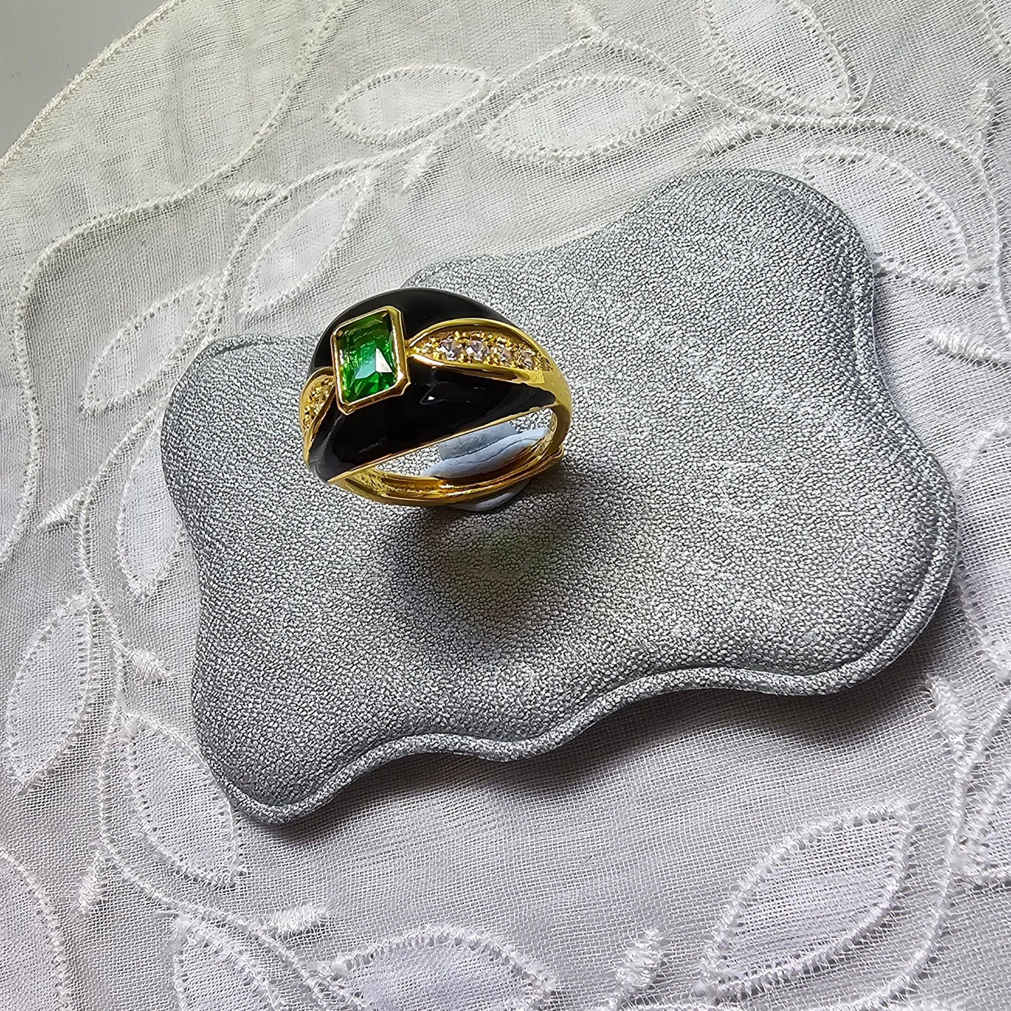Ring - Green Crystal and Black Enamel Adjustable Ring