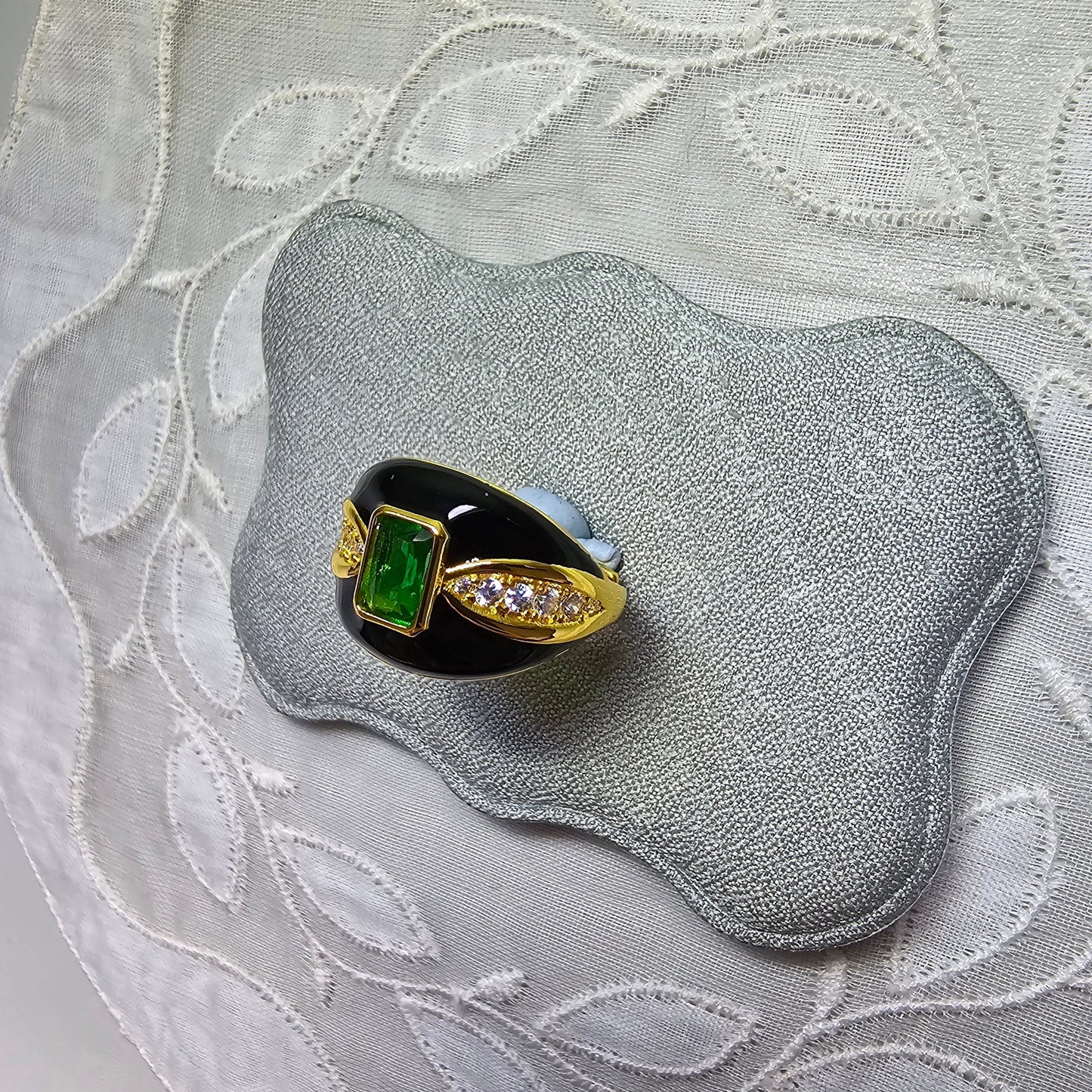 Ring - Green Crystal and Black Enamel Adjustable Ring