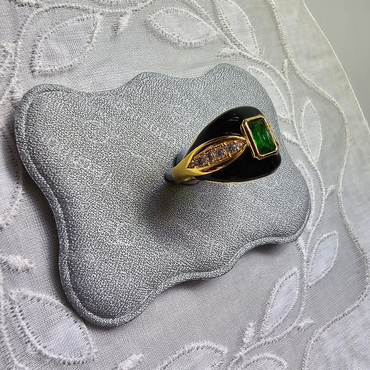 Ring - Green Crystal and Black Enamel Adjustable Ring