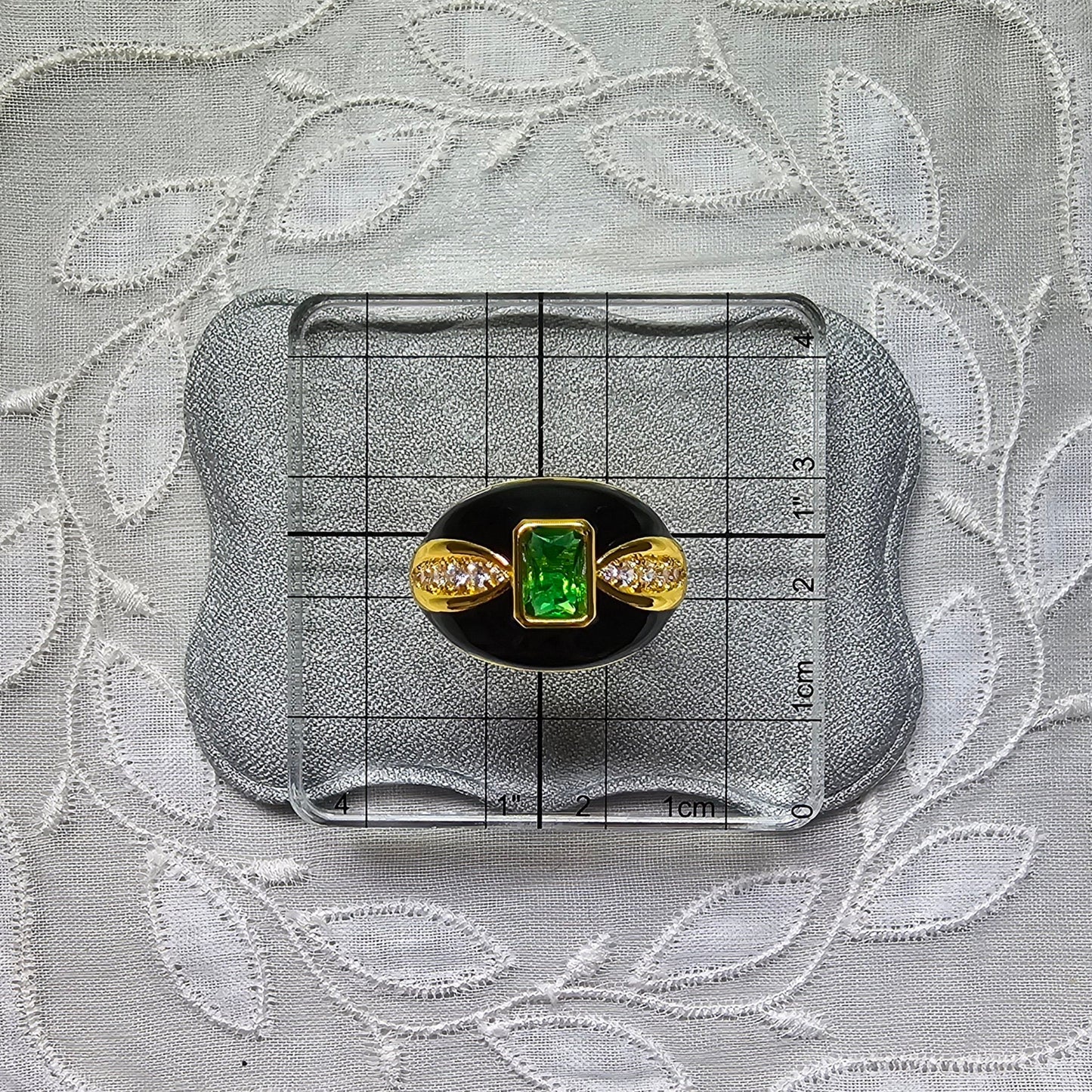 Ring - Green Crystal and Black Enamel Adjustable Ring