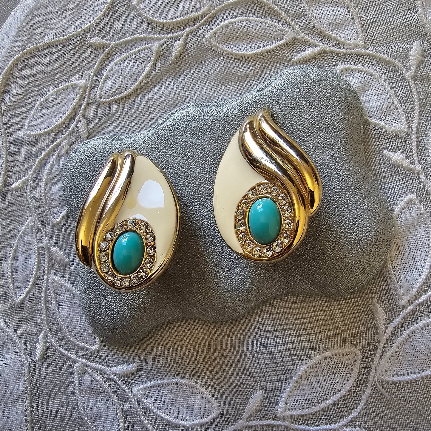 Clip on - Turquoise Crystals and White Enamel Clip on Earrings