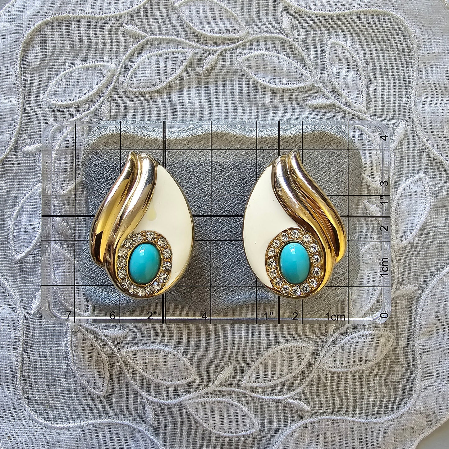 Clip on - Turquoise Crystals and White Enamel Clip on Earrings