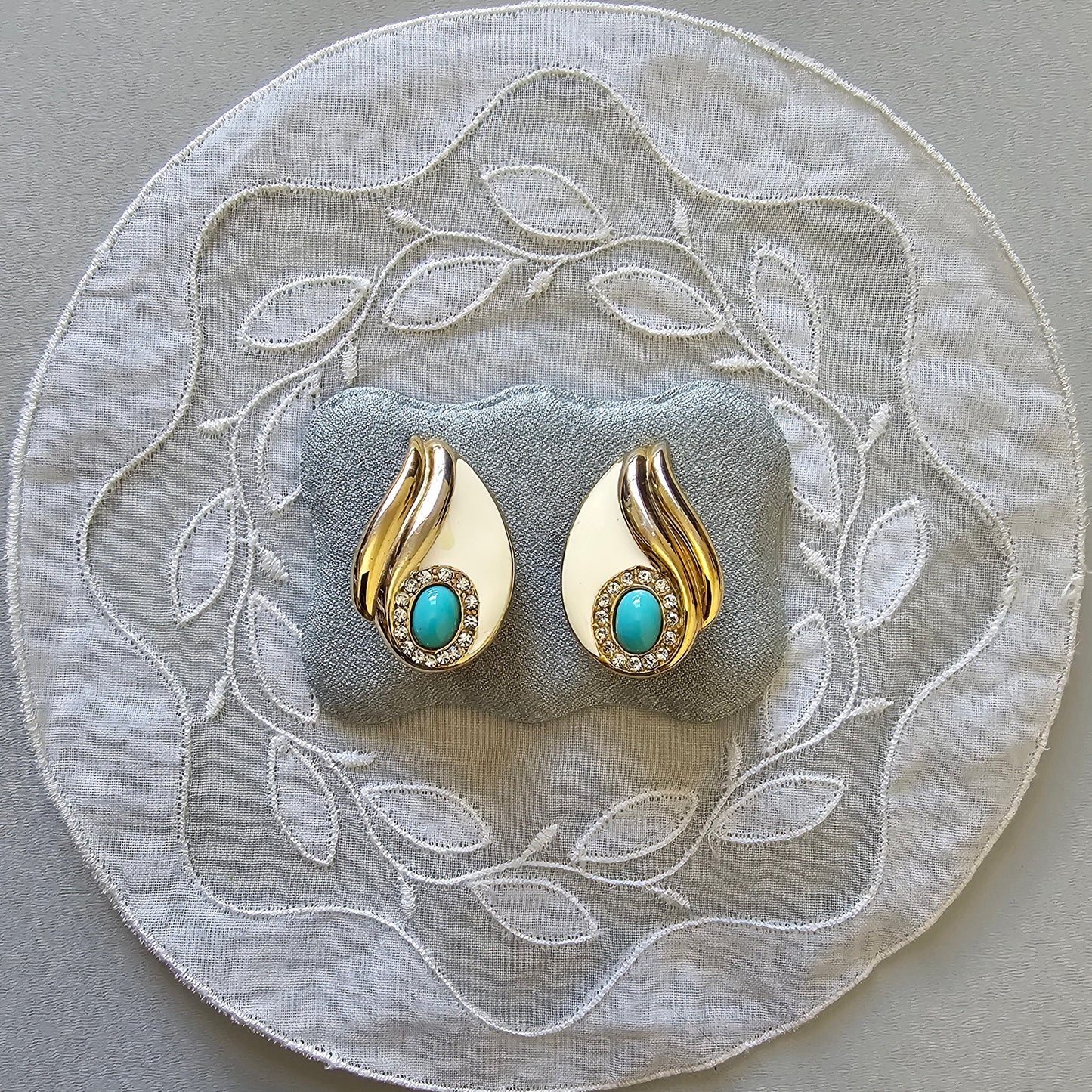 Clip on - Turquoise Crystals and White Enamel Clip on Earrings
