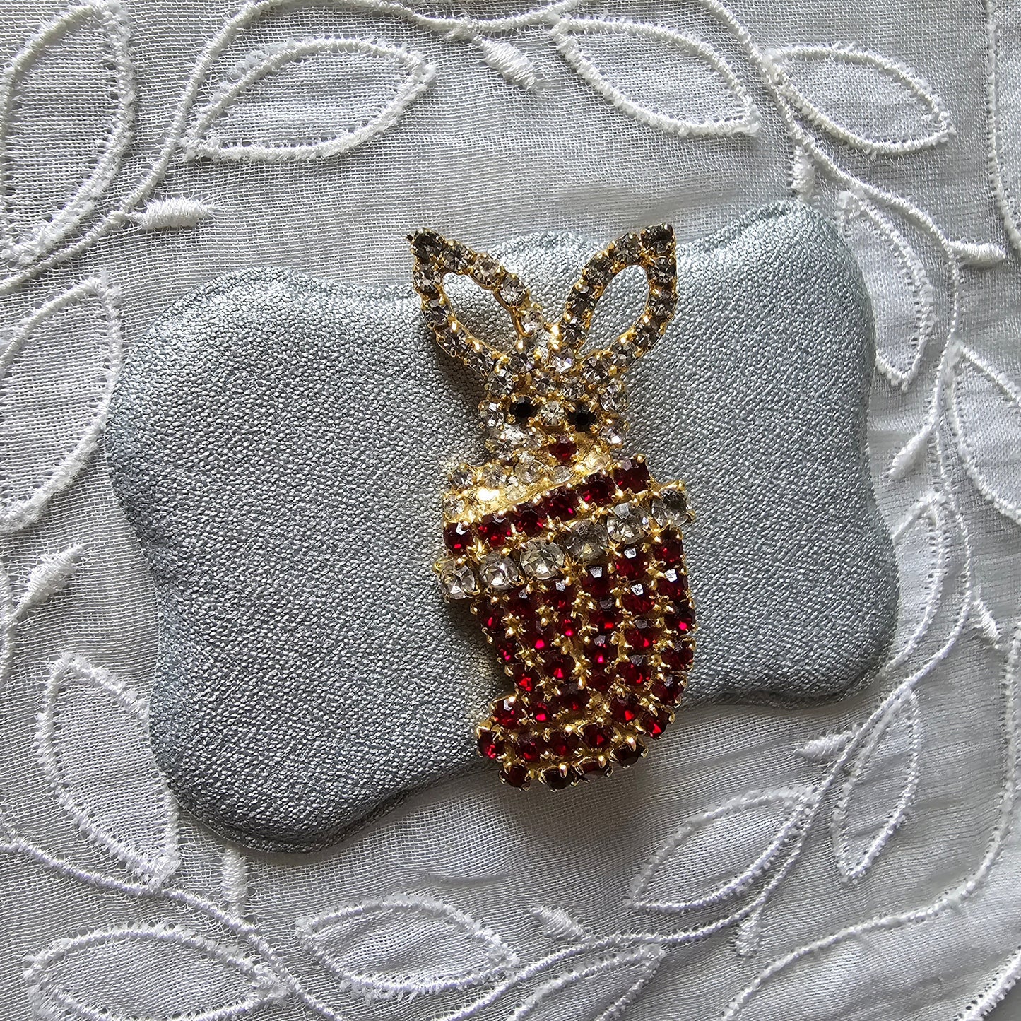 Brooch - Red and Clear Crystals Bunny in a Sock Brooch