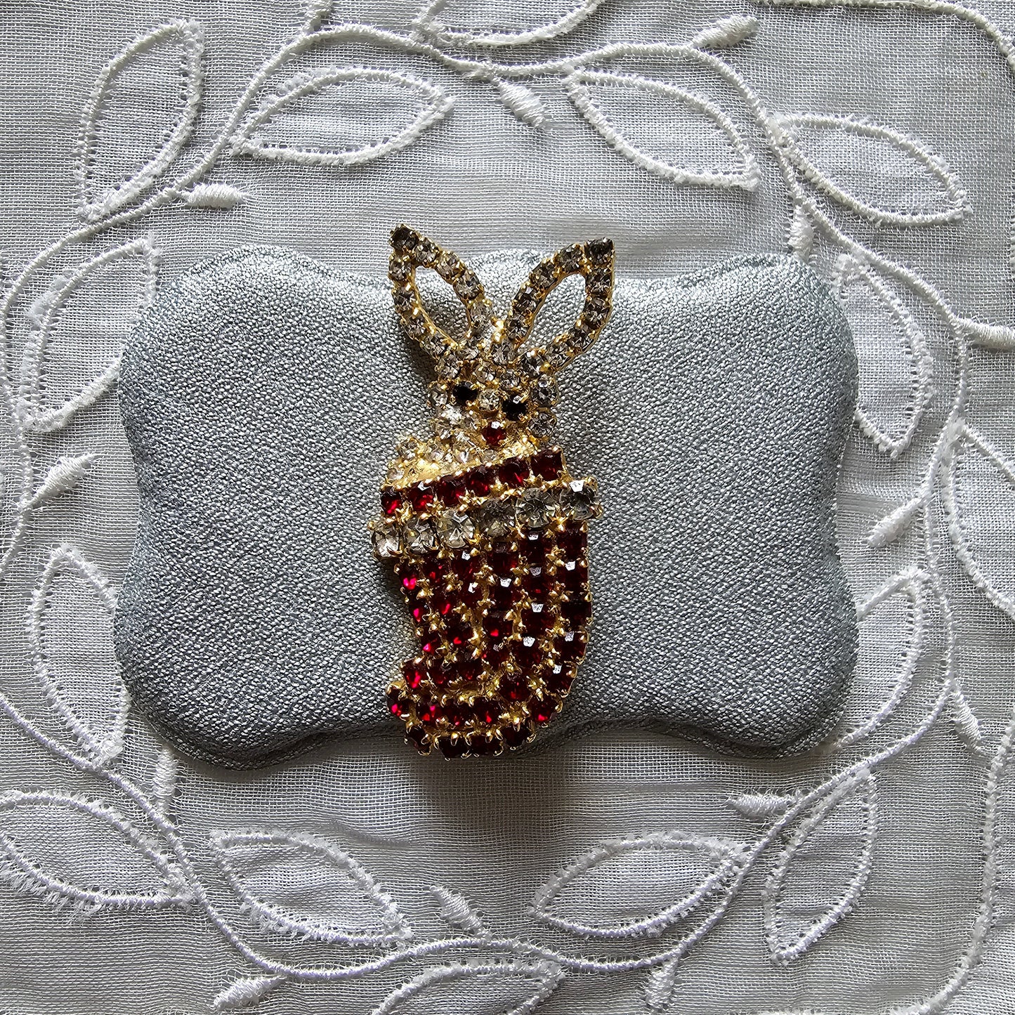 Brooch - Red and Clear Crystals Bunny in a Sock Brooch