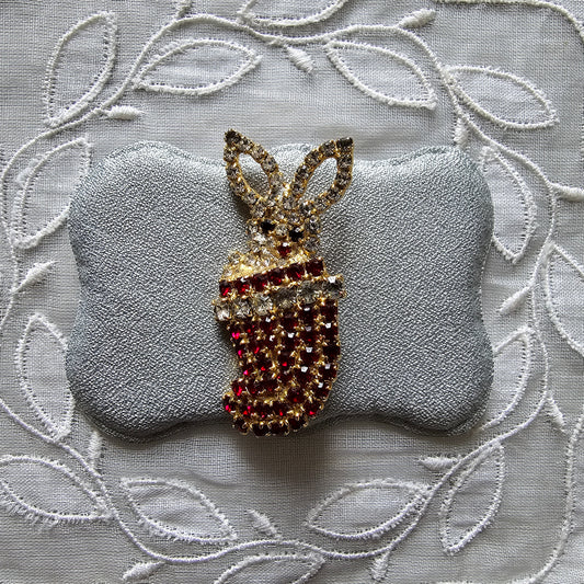 Brooch - Red and Clear Crystals Bunny in a Sock Brooch