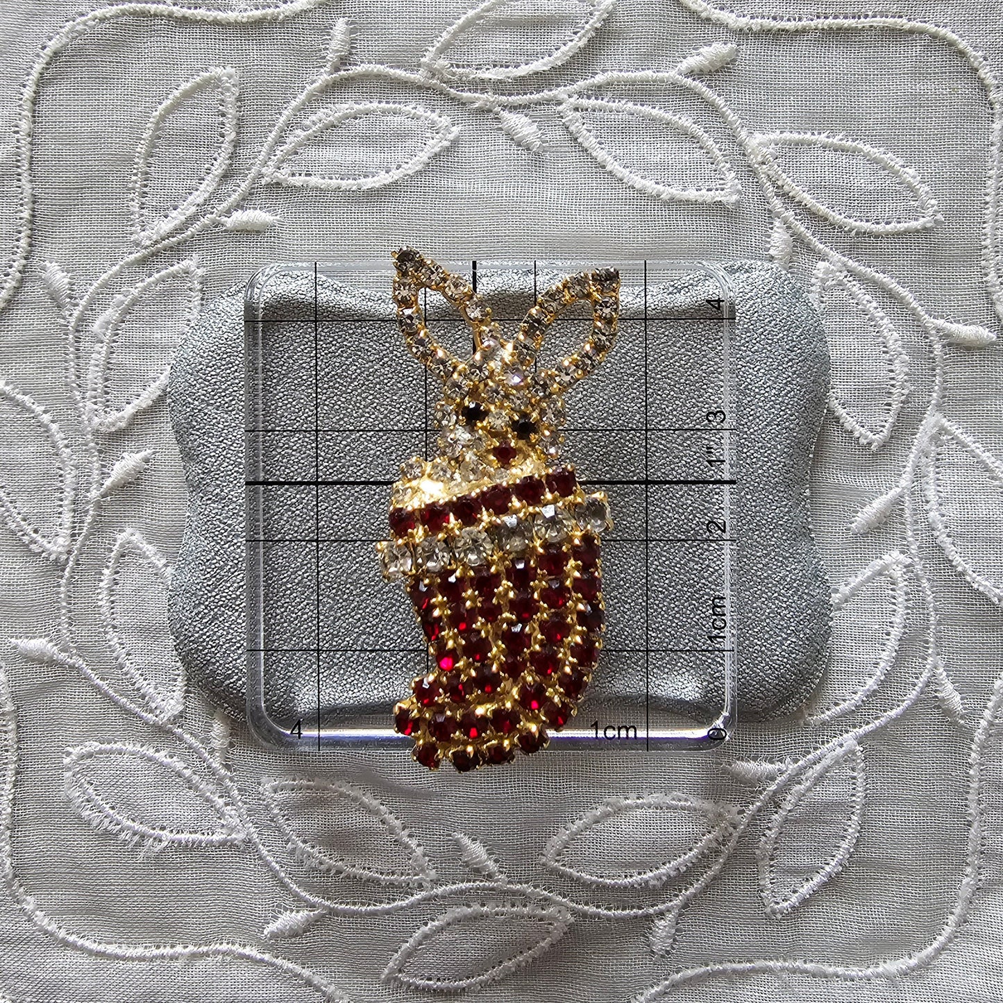 Brooch - Red and Clear Crystals Bunny in a Sock Brooch