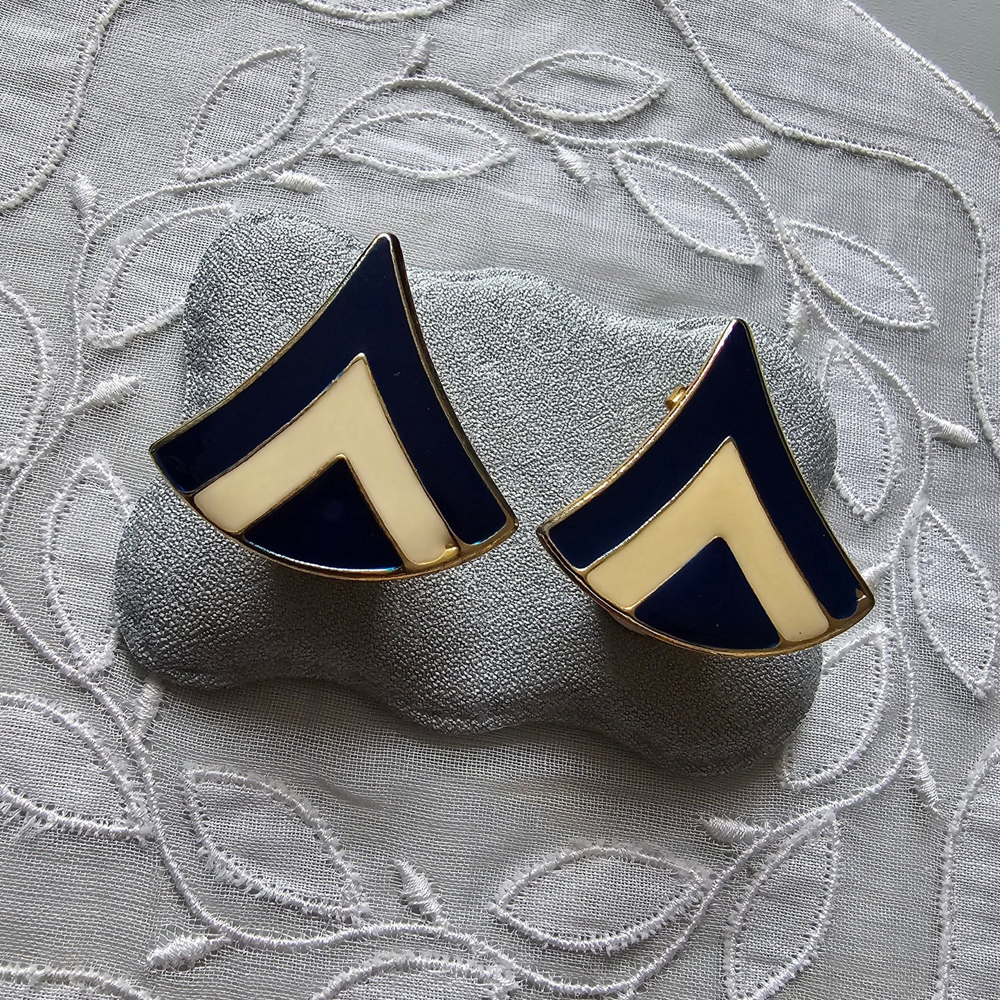 Posts - Cream White and Navy Blue Enamel Earrings