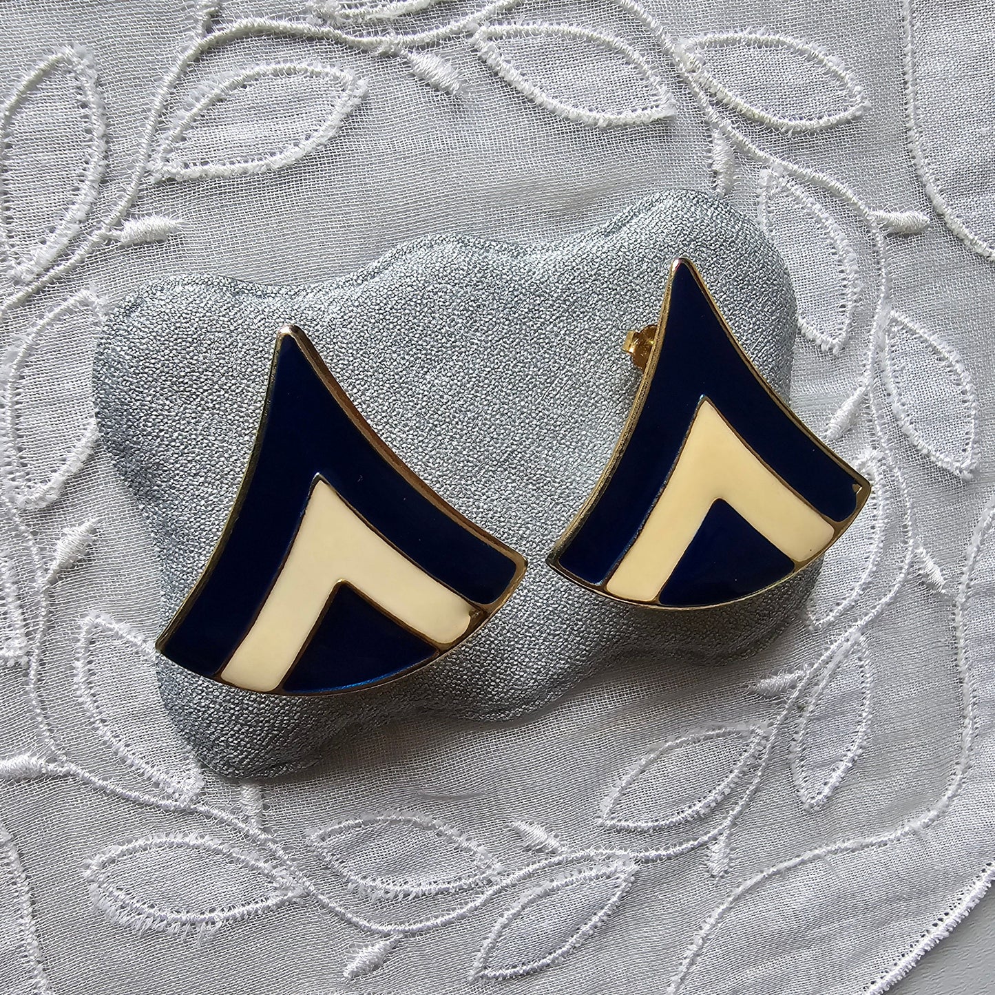 Posts - Cream White and Navy Blue Enamel Earrings