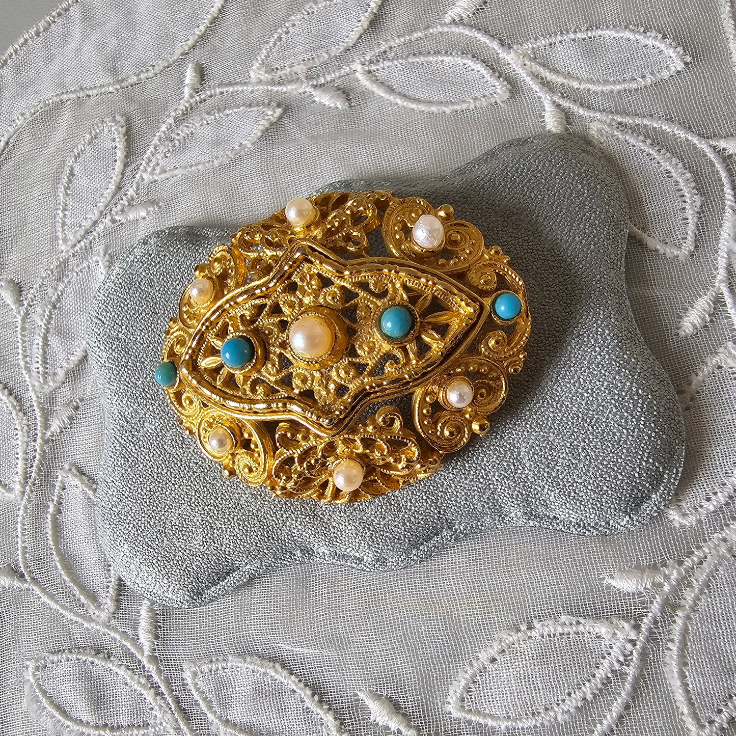 Brooch - Ornate Turquoise and Pearl Brooch