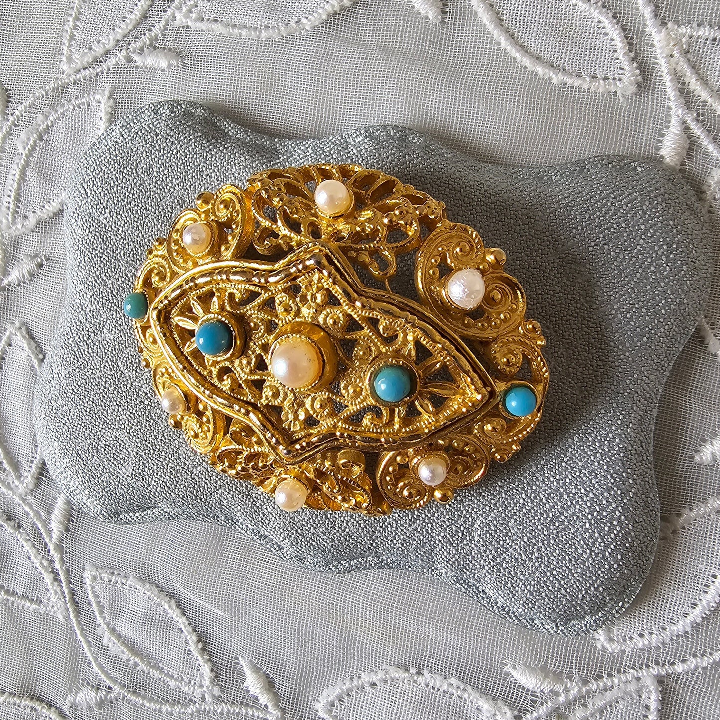 Brooch - Ornate Turquoise and Pearl Brooch