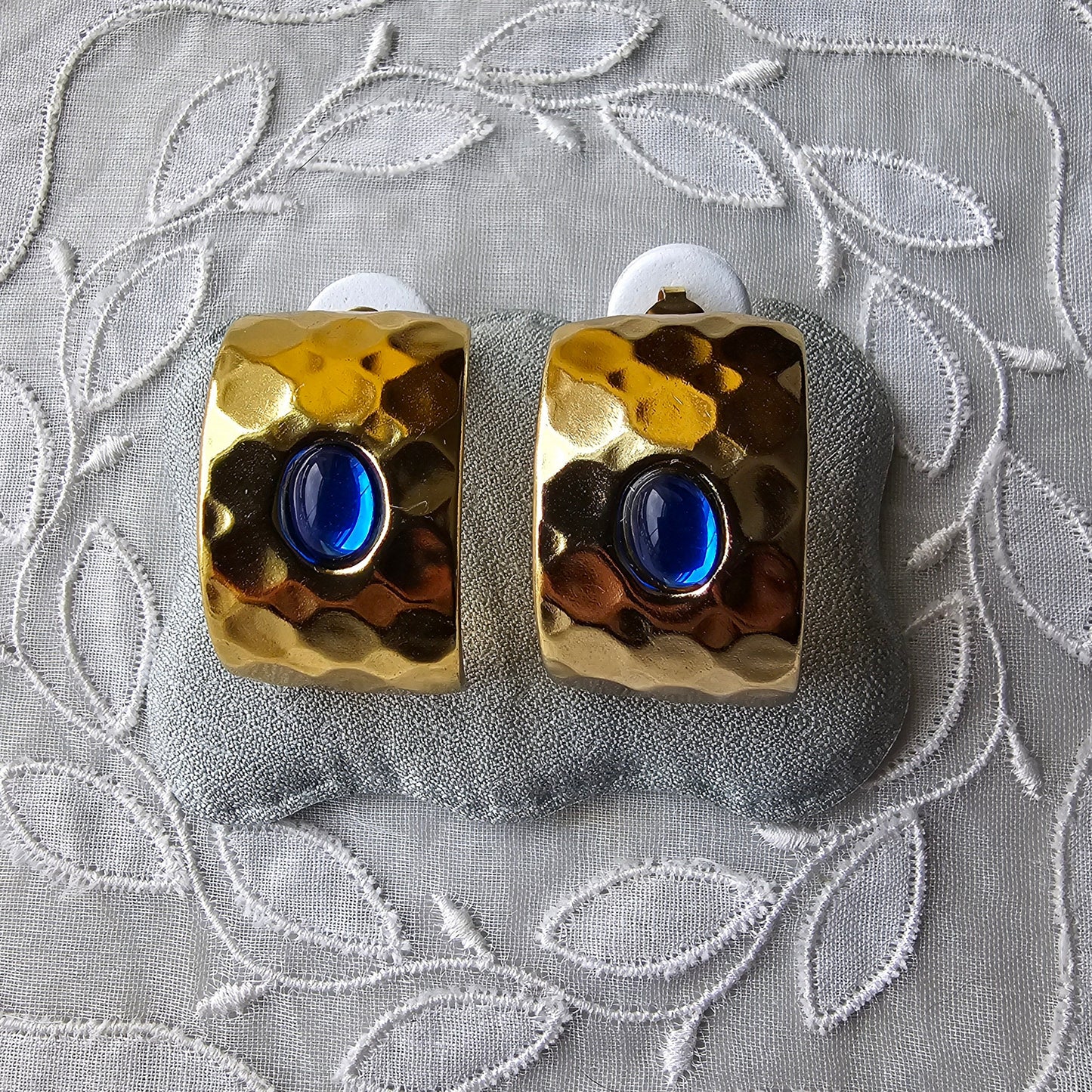 Posts - Blue Cabochon Square Half Hoop Earrings