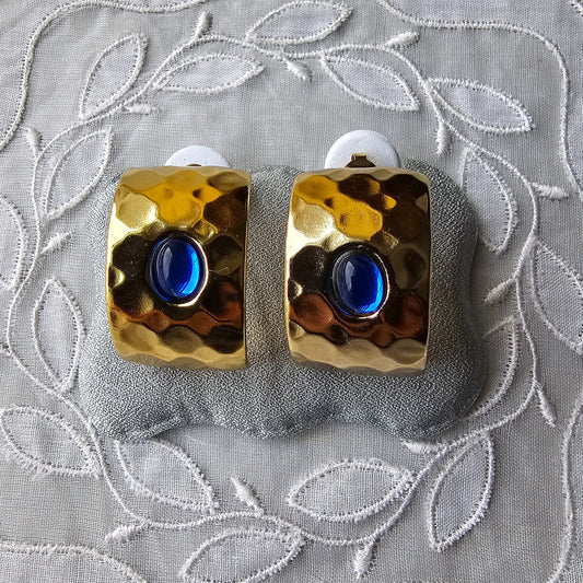 Posts - Blue Cabochon Square Half Hoop Earrings