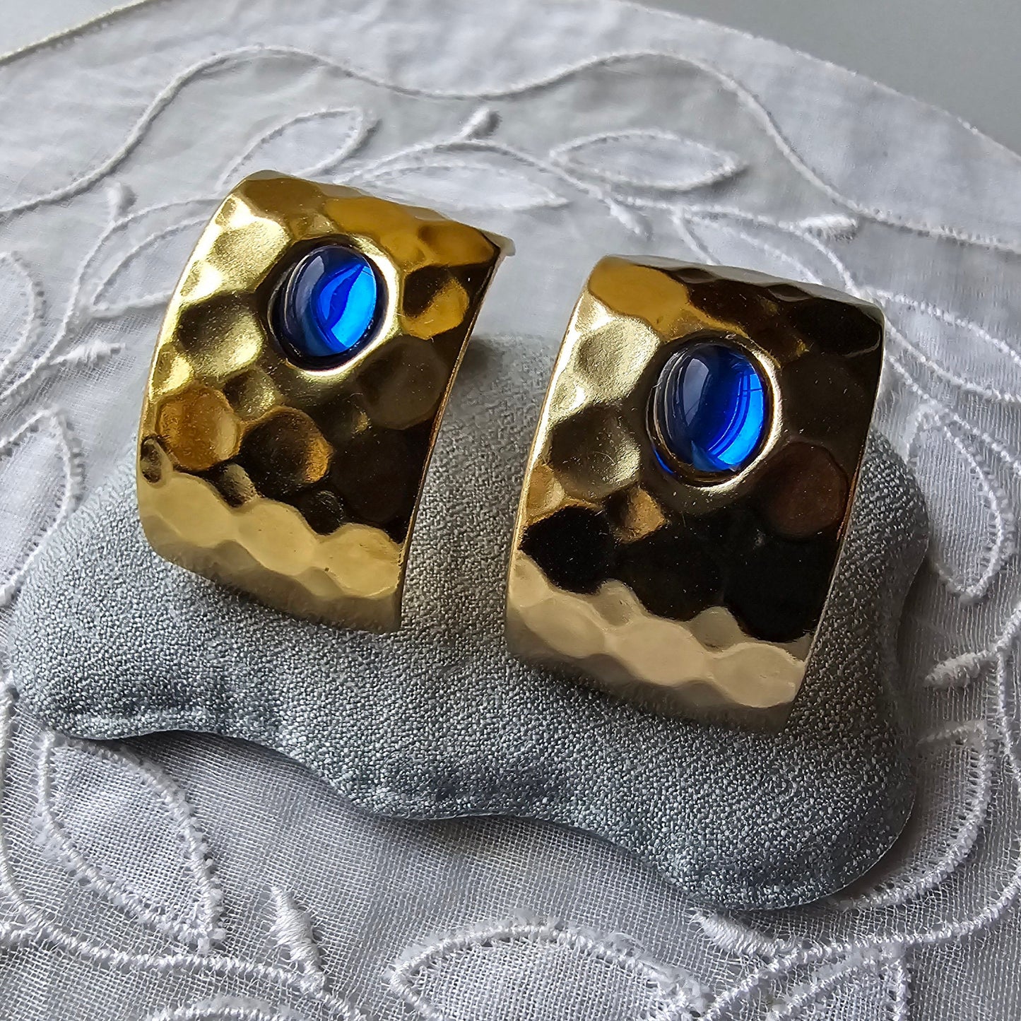 Posts - Blue Cabochon Square Half Hoop Earrings