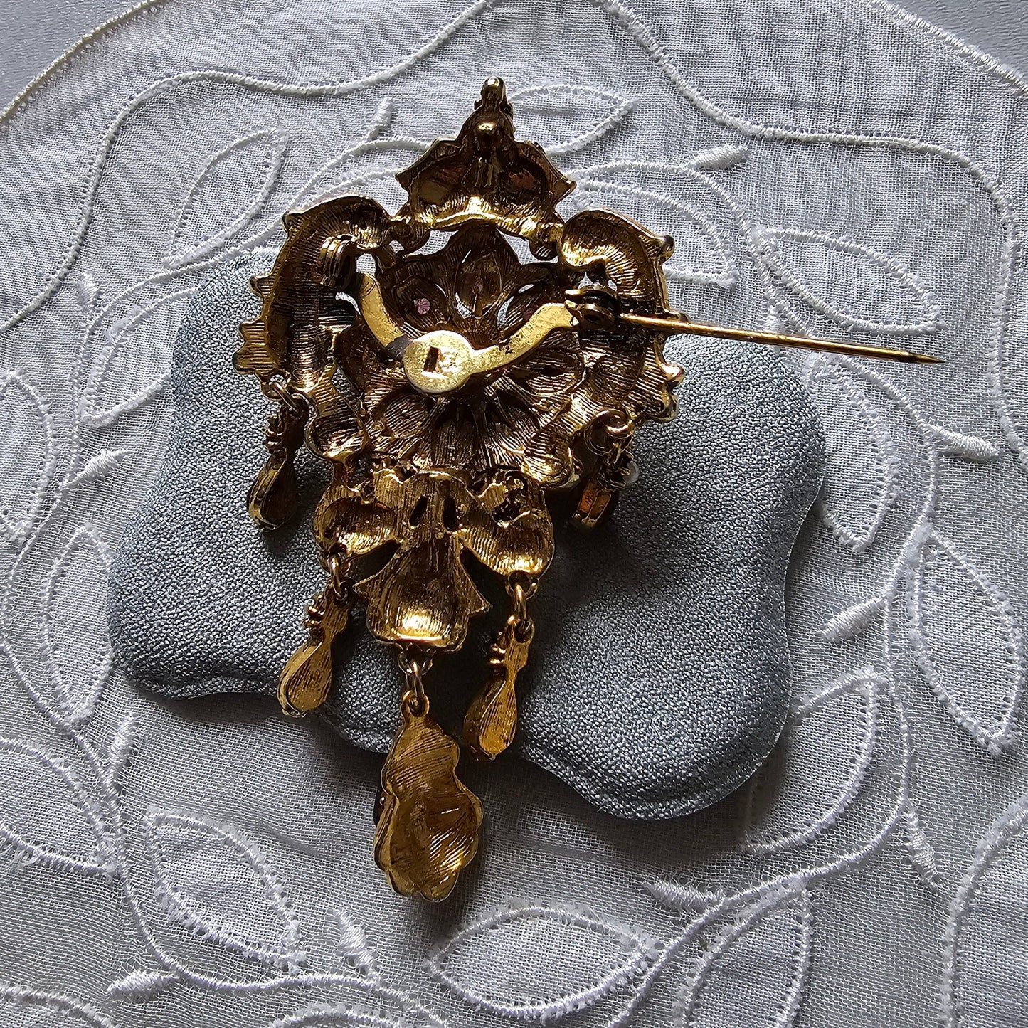 Brooch - Ornate Seed Pearls and Purple and Red Crystals Drops Brooch