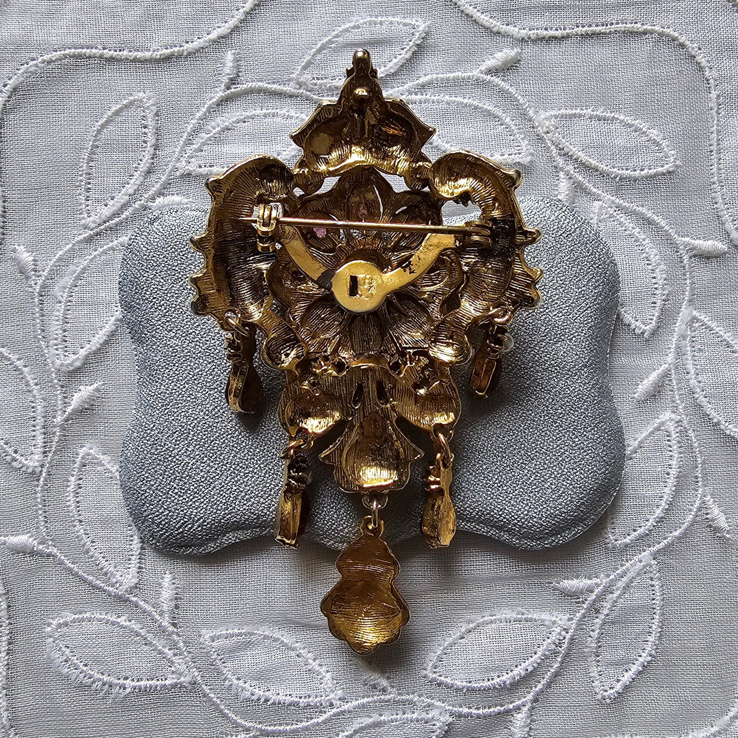 Brooch - Ornate Seed Pearls and Purple and Red Crystals Drops Brooch