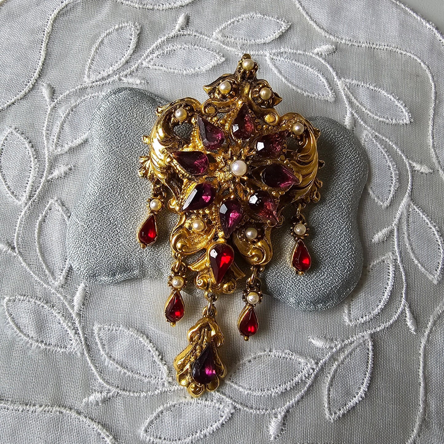Brooch - Ornate Seed Pearls and Purple and Red Crystals Drops Brooch