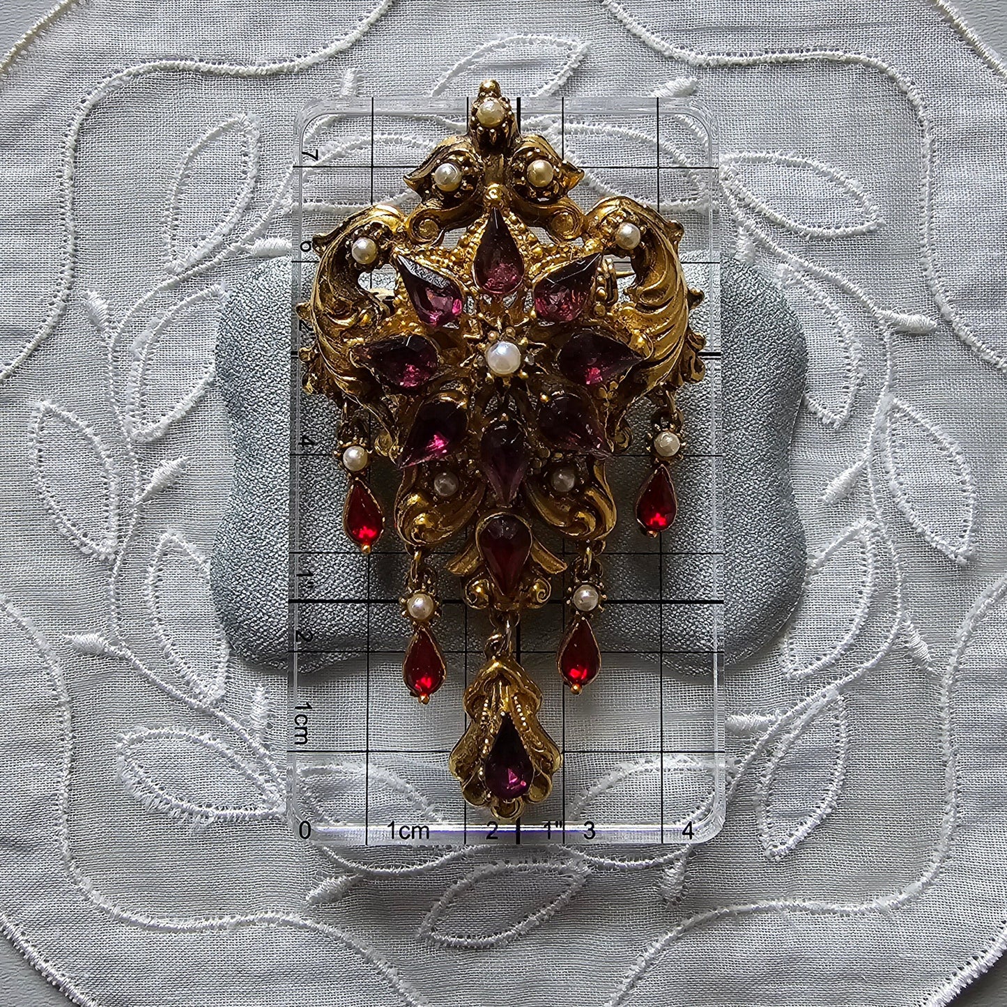 Brooch - Ornate Seed Pearls and Purple and Red Crystals Drops Brooch