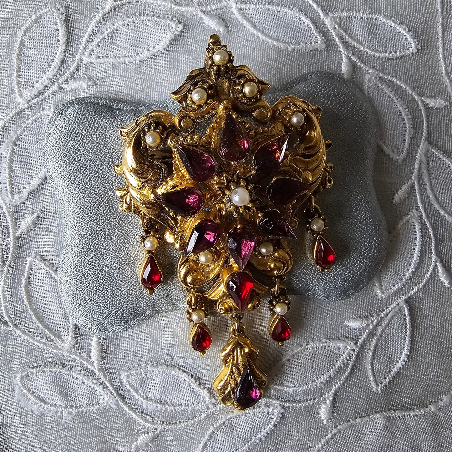 Brooch - Ornate Seed Pearls and Purple and Red Crystals Drops Brooch