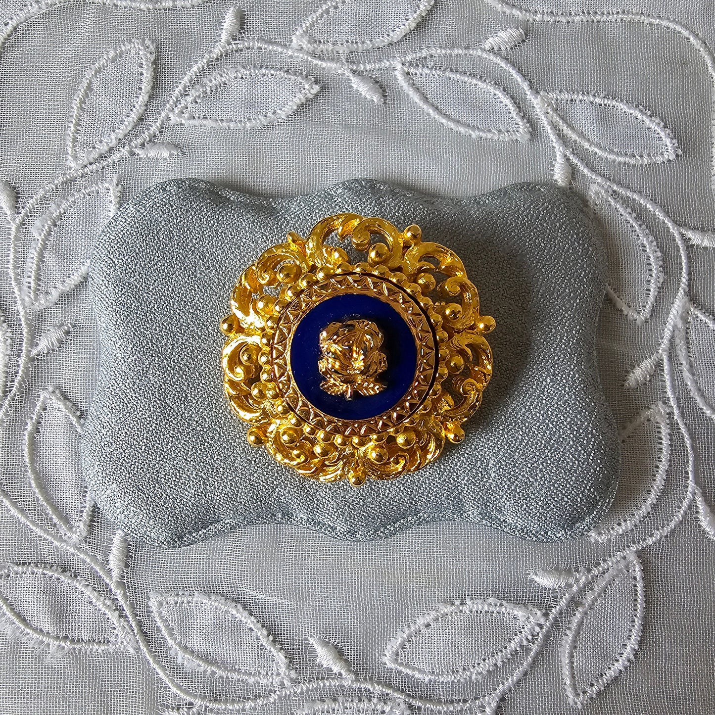 Brooch - Ornate Gold Blue Rose Brooch