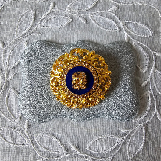 Brooch - Ornate Gold Blue Rose Brooch