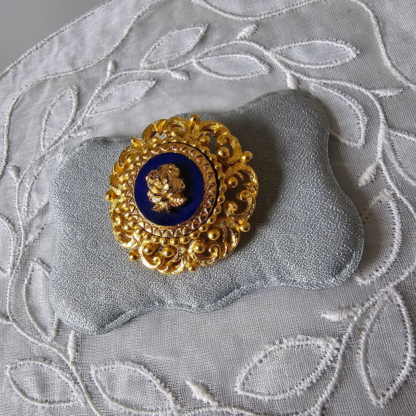 Brooch - Ornate Gold Blue Rose Brooch