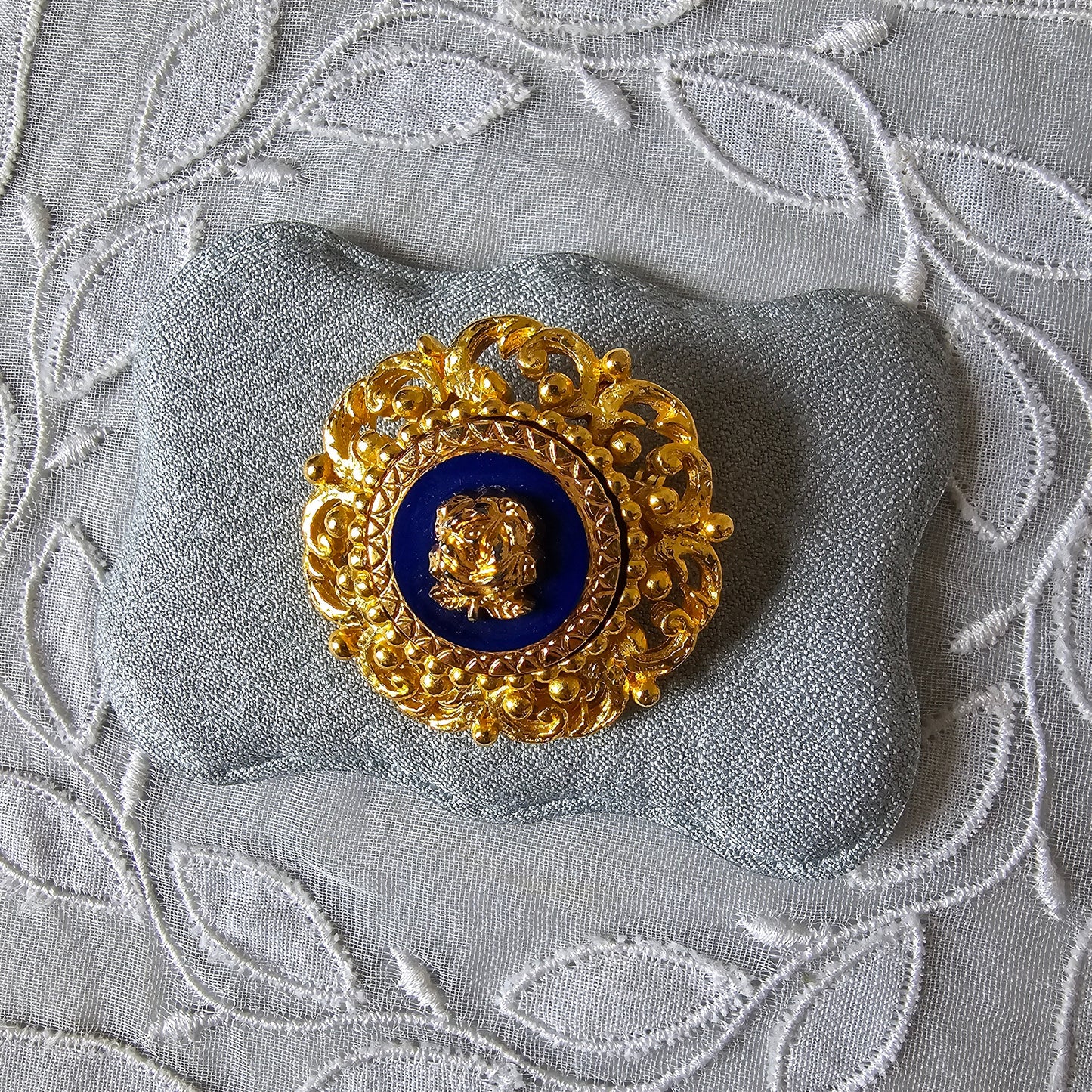 Brooch - Ornate Gold Blue Rose Brooch