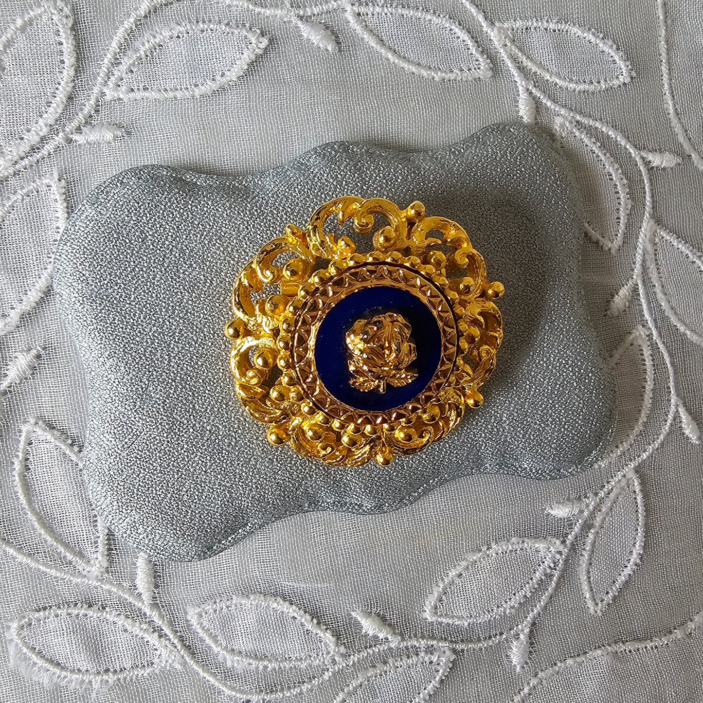 Brooch - Ornate Gold Blue Rose Brooch