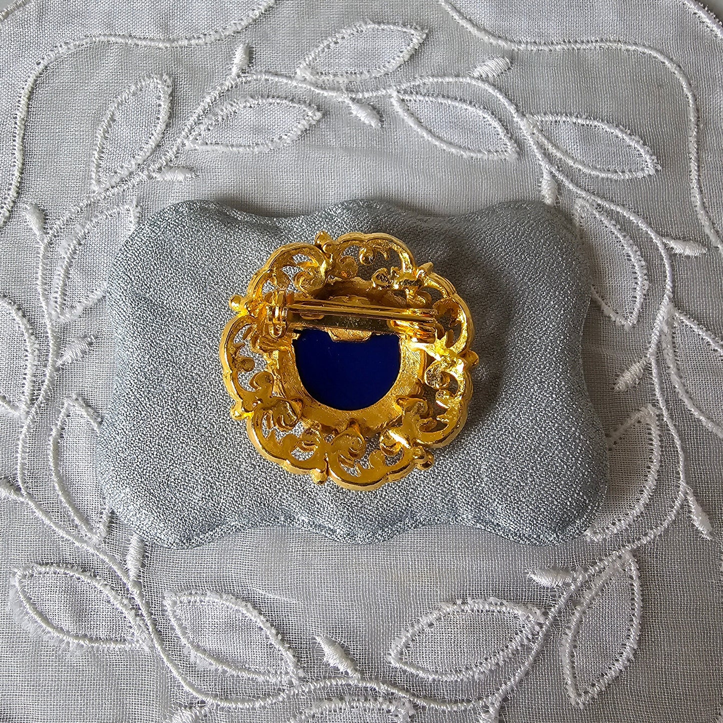 Brooch - Ornate Gold Blue Rose Brooch