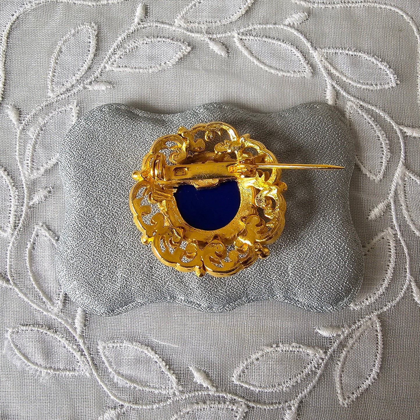 Brooch - Ornate Gold Blue Rose Brooch