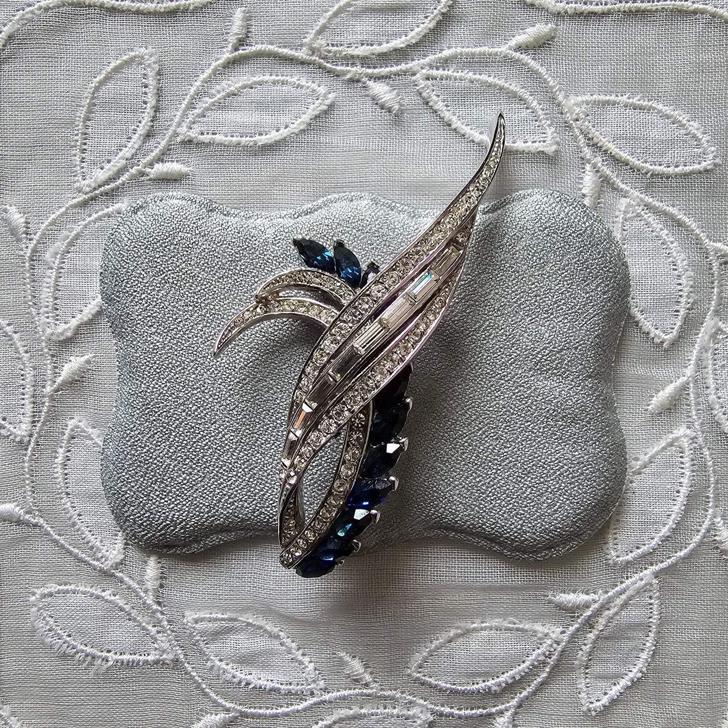 Brooch - Blue and Clear Crystal Wing Motif Brooch