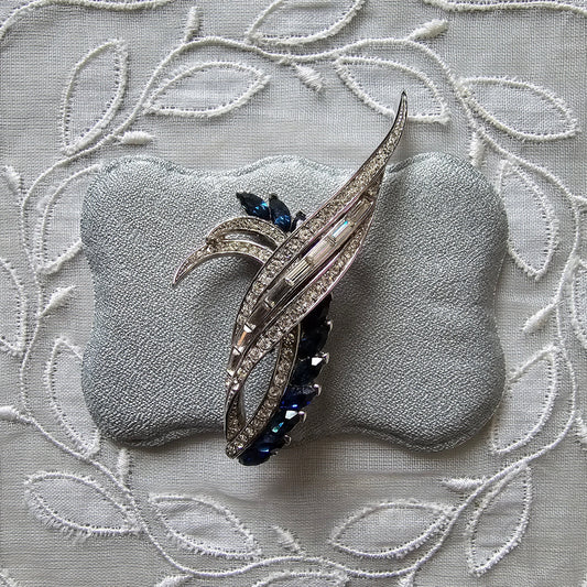 Brooch - Blue and Clear Crystal Wing Motif Brooch