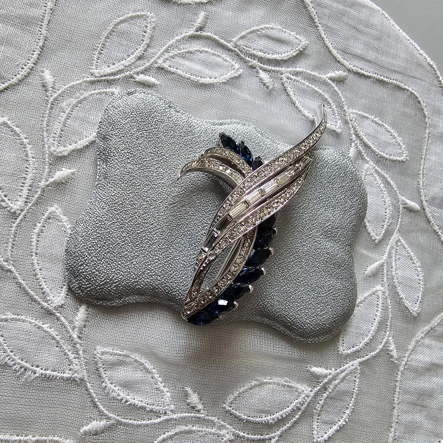 Brooch - Blue and Clear Crystal Wing Motif Brooch
