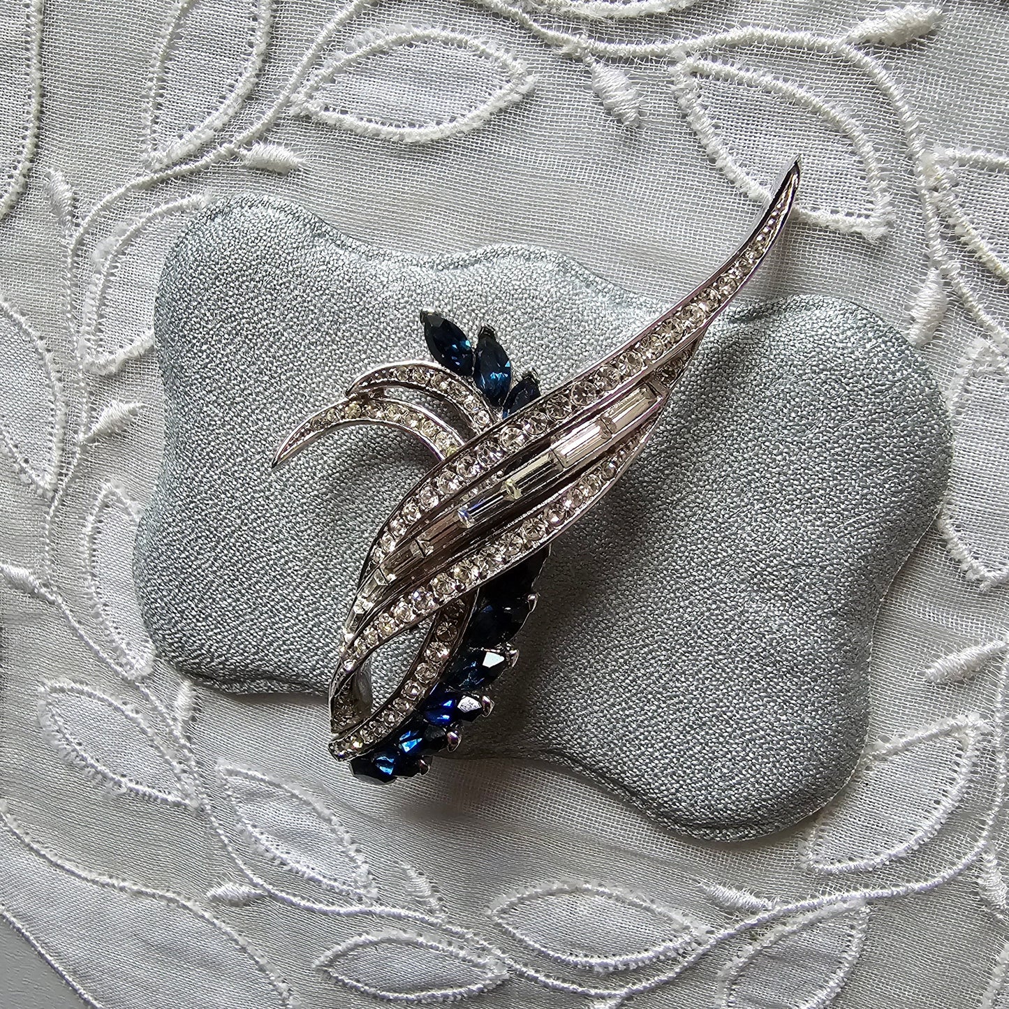 Brooch - Blue and Clear Crystal Wing Motif Brooch