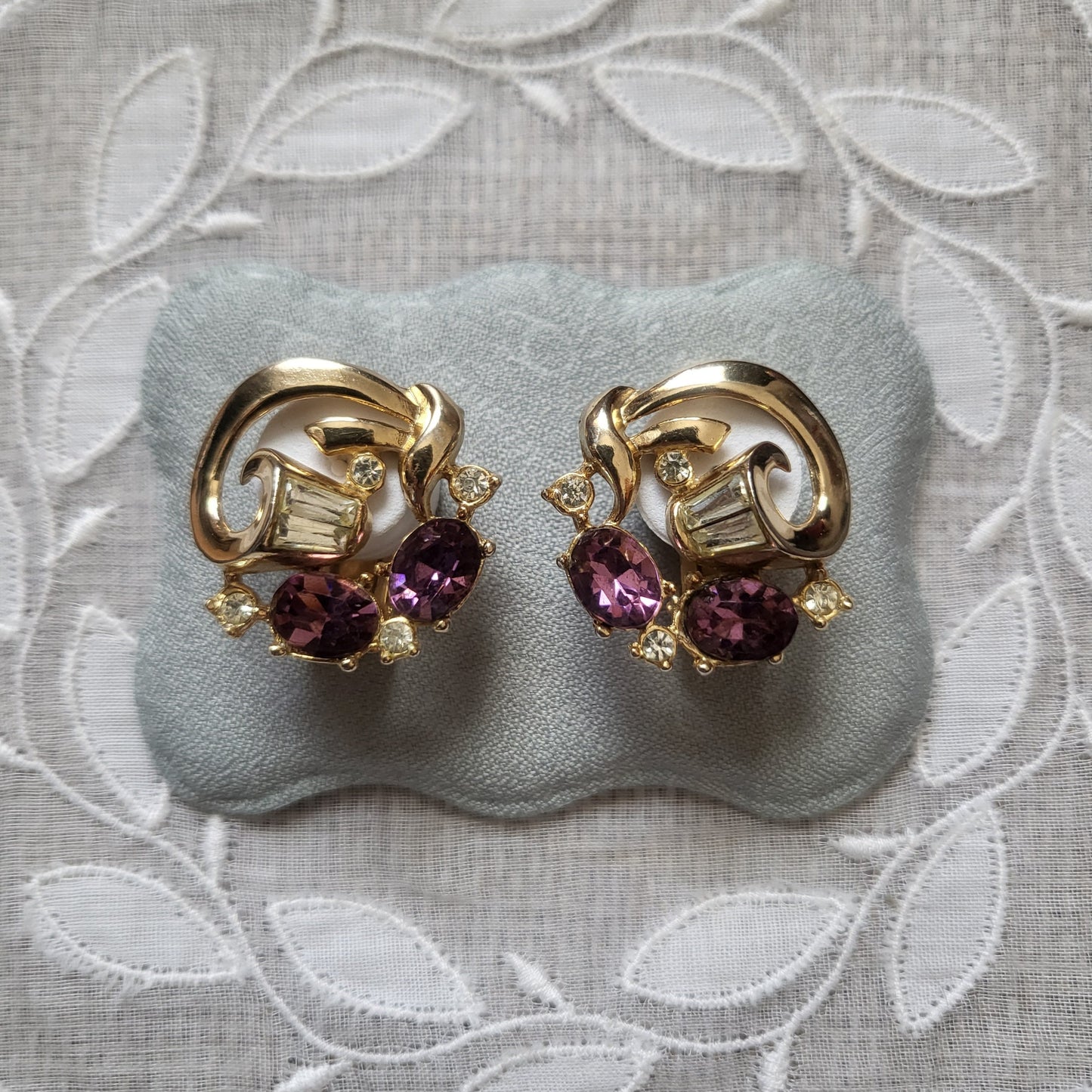 Clip on - Purple and Clear Crystals Ribbon Clip On Earrings