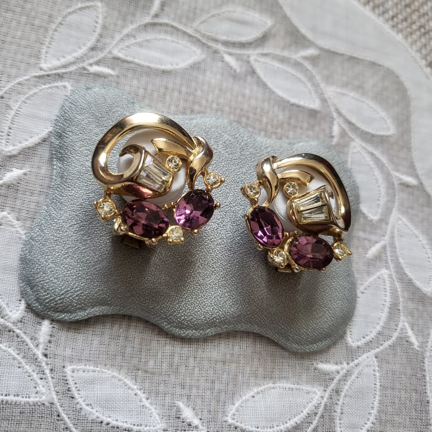Clip on - Purple and Clear Crystals Ribbon Clip On Earrings