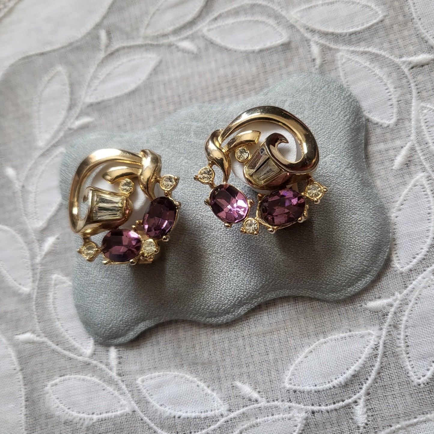 Clip on - Purple and Clear Crystals Ribbon Clip On Earrings