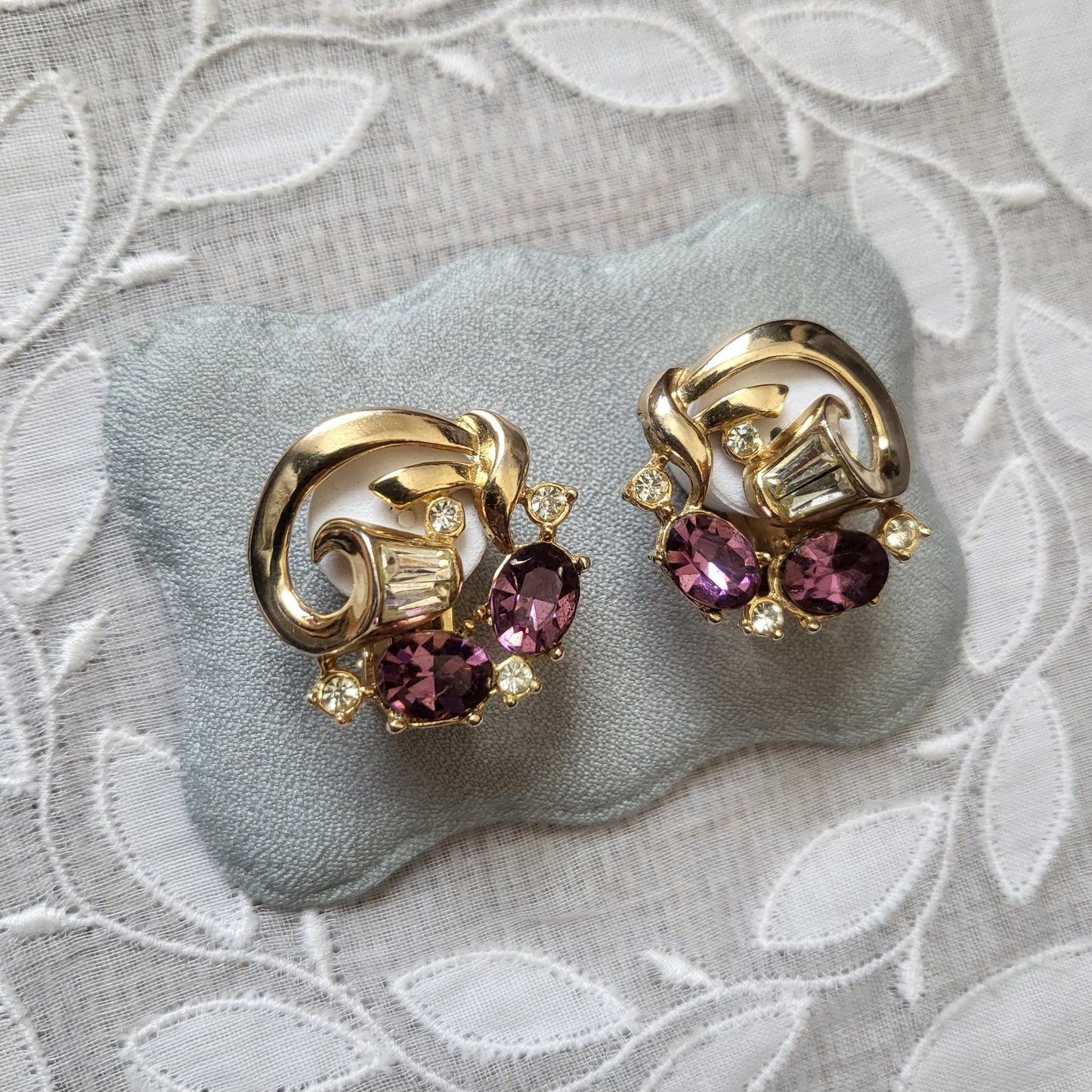 Clip on - Purple and Clear Crystals Ribbon Clip On Earrings