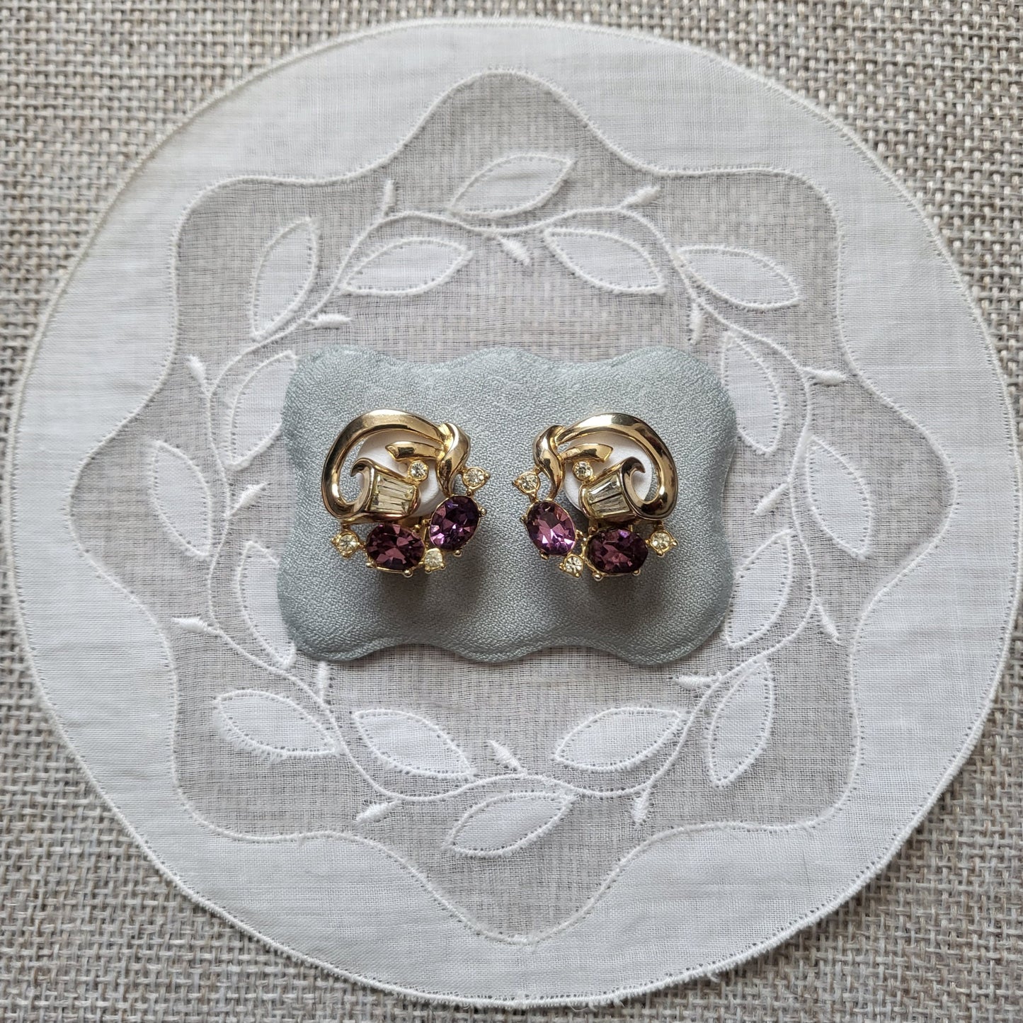 Clip on - Purple and Clear Crystals Ribbon Clip On Earrings