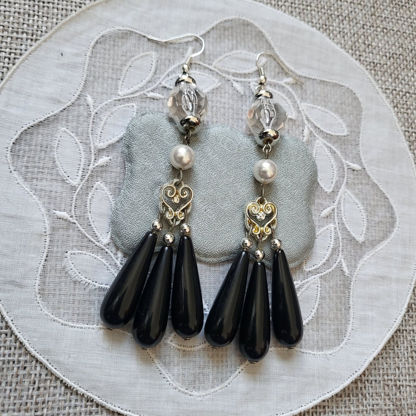 Hooks - Statement Pearl and Black Drops Hook Earrings