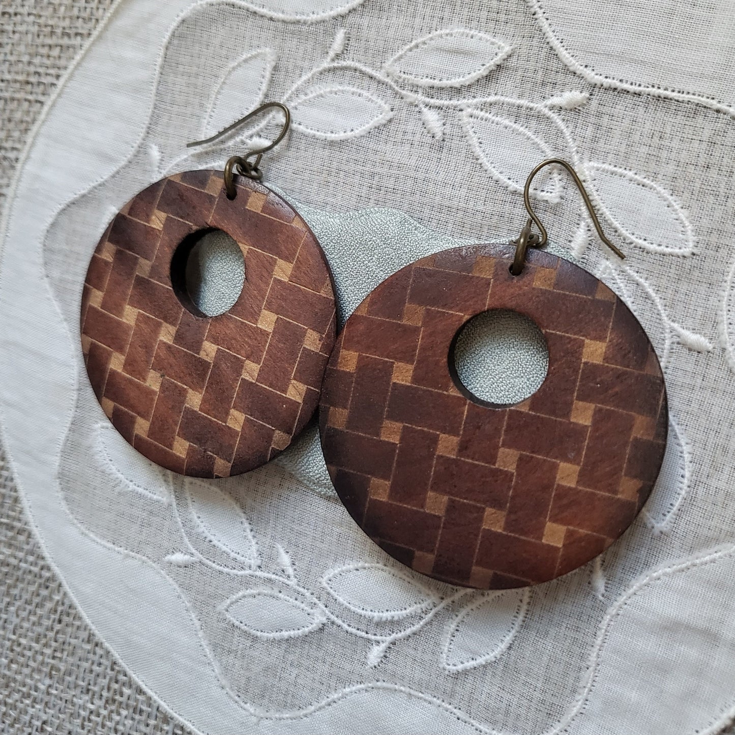 Hooks - Textured Wood Disk Hook Earrings