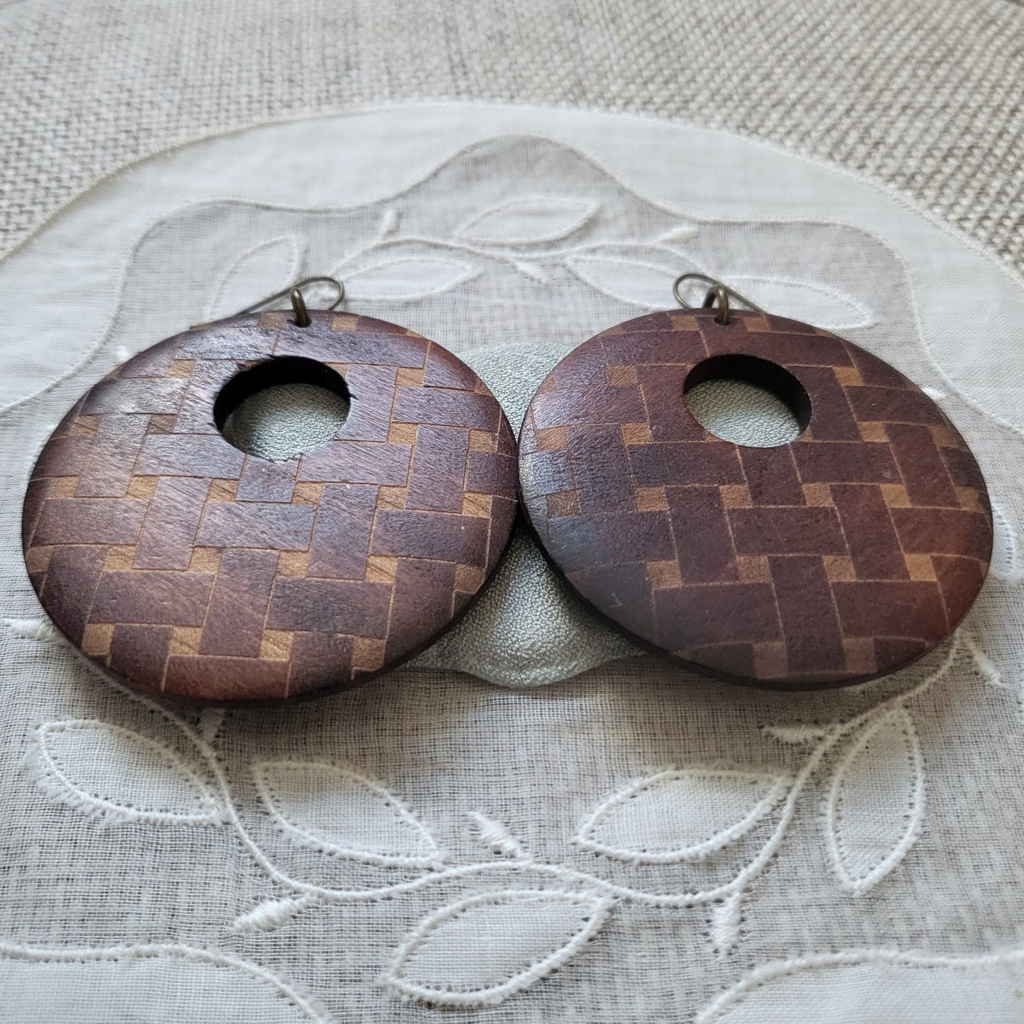 Hooks - Textured Wood Disk Hook Earrings