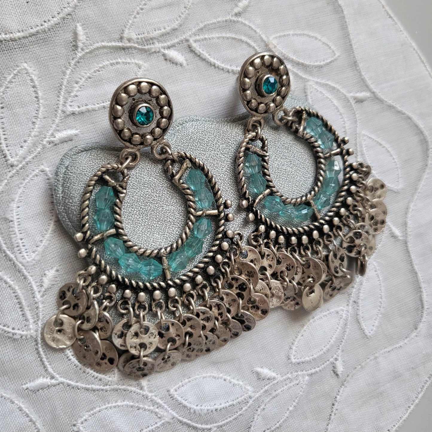 Posts - Blue Crystal Beads and Silver Drops Earrings