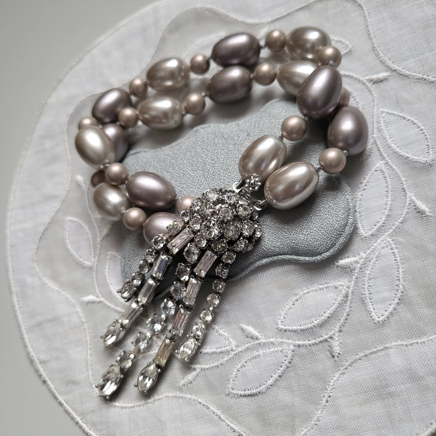 Bracelet - Crystal Tassel Double Strand Grey Pearls Bracelet