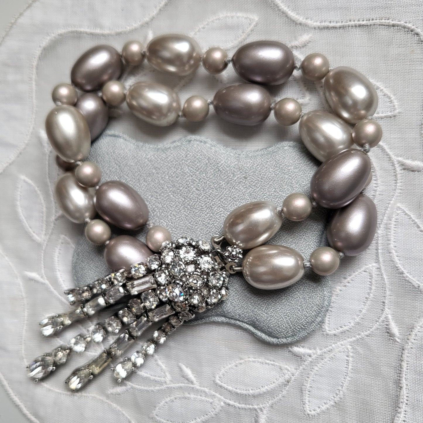 Bracelet - Crystal Tassel Double Strand Grey Pearls Bracelet