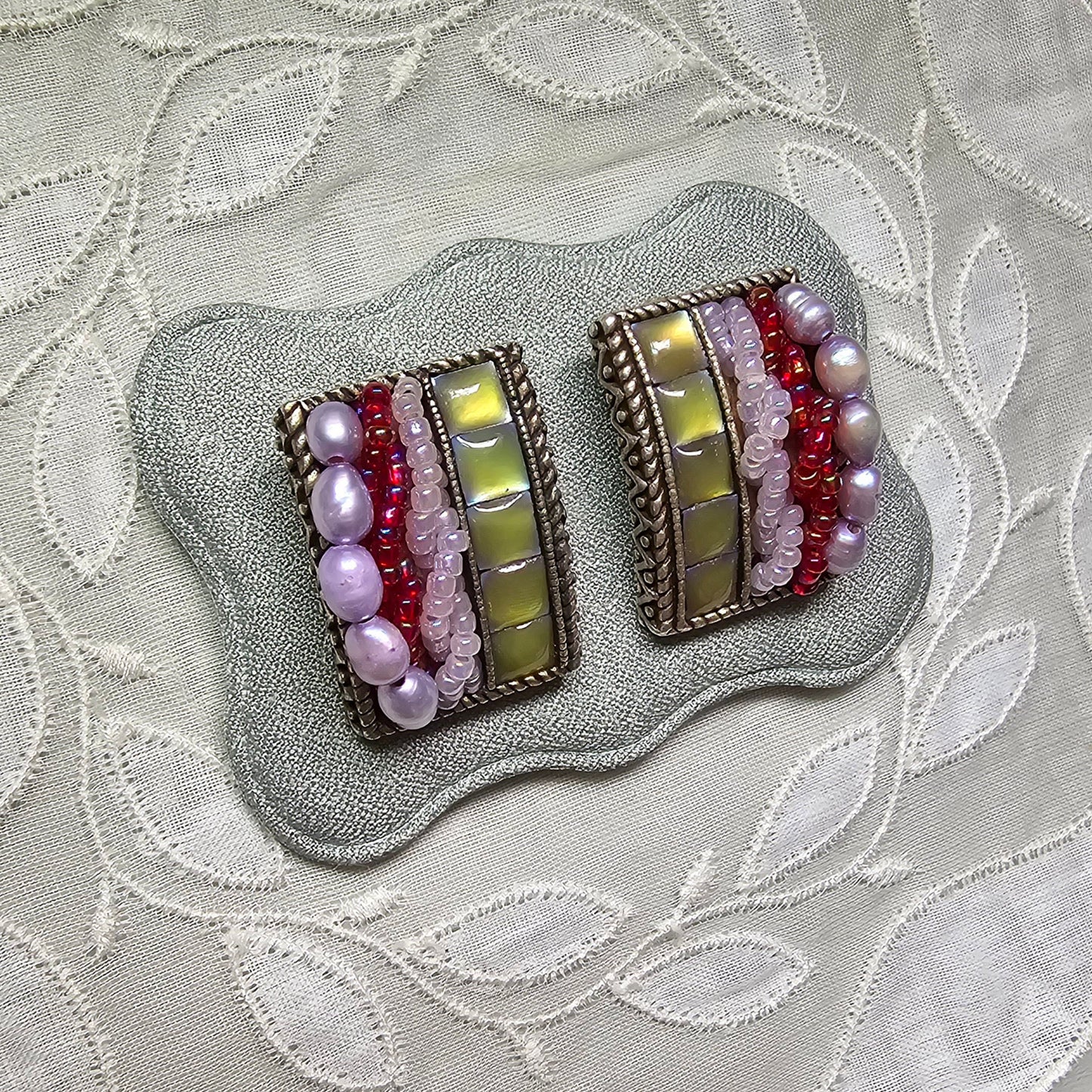 Clip on - Multicolour Iridescent Beads and Pearls Clip On Earrings