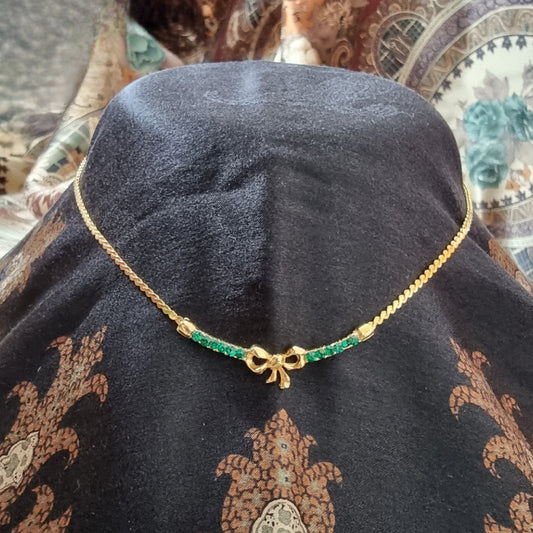 Necklace - Green Crystals Dainty Bow Necklace
