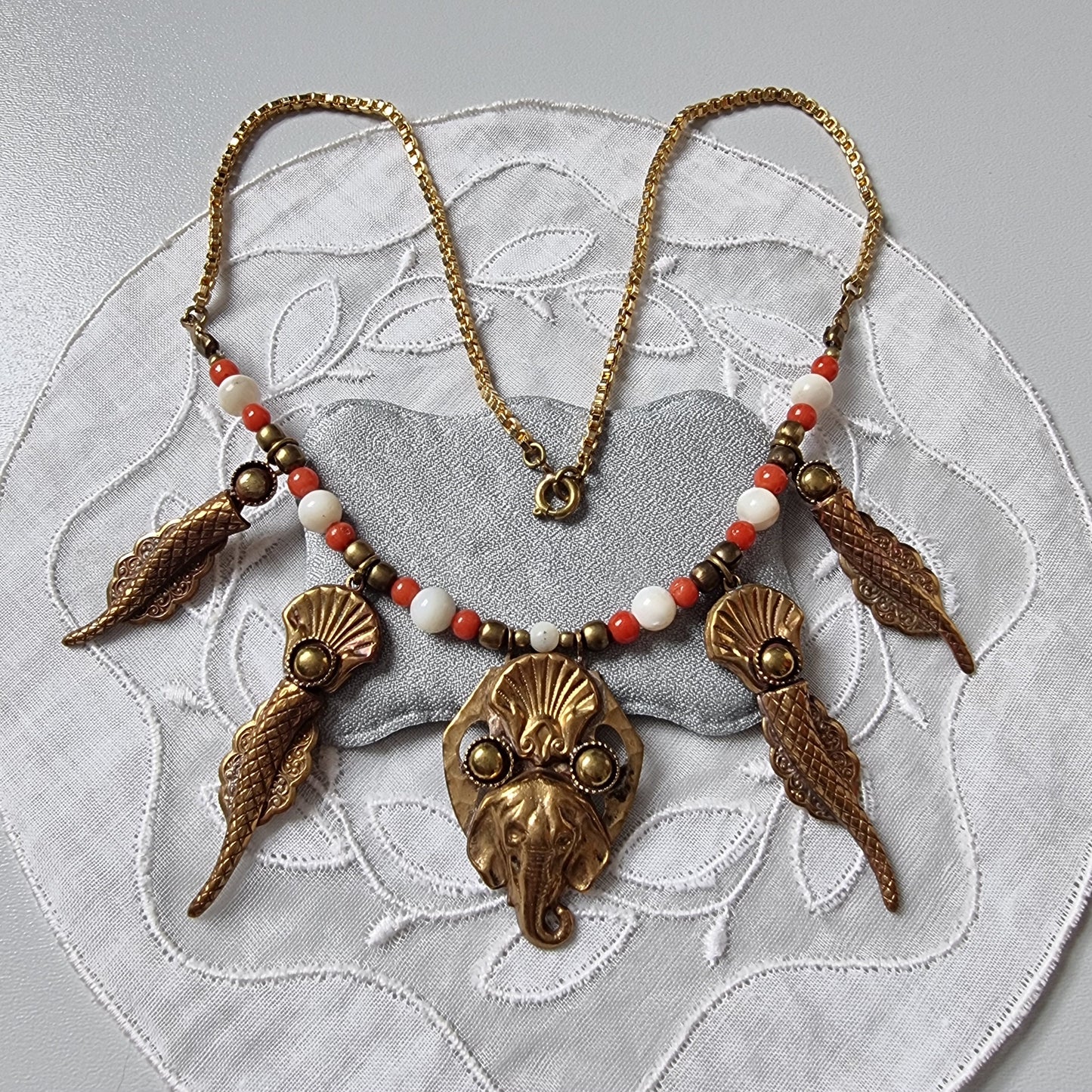 Necklace - Elephant and Shells Coral and Pearl Glass Beads Necklace